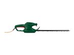 Green electric hedge trimmer with a long black blade and an orange power cord.