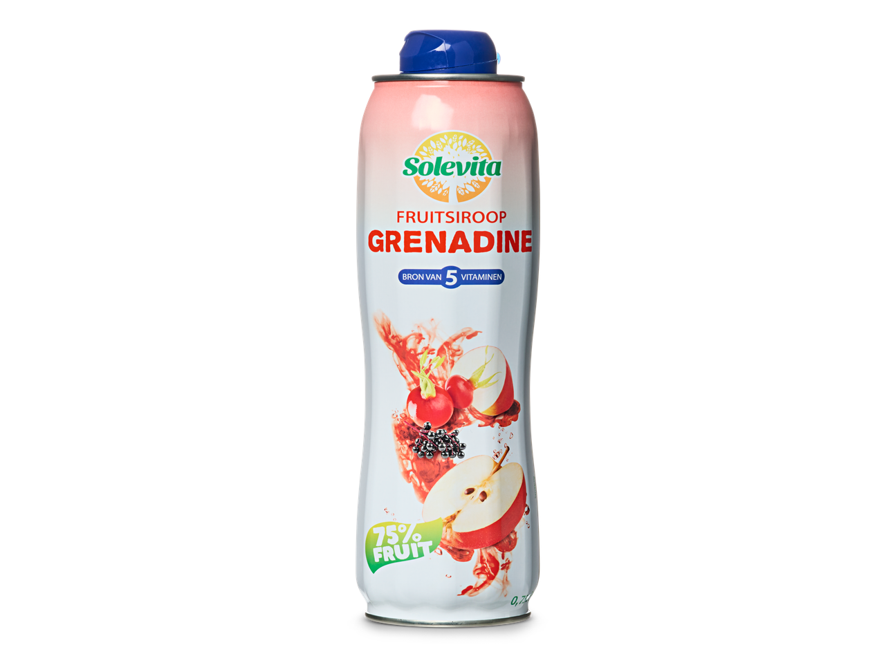 Solevita Fruitsiroop Grenadine, een fles vruchtensiroop met fruitillustraties.