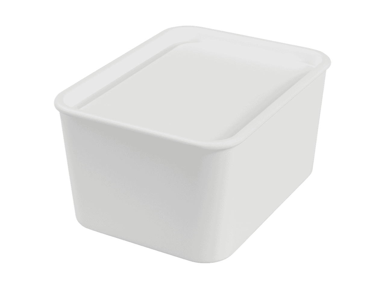 Récipient rectangulaire blanc avec couvercle, vu d'en haut.