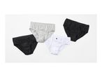 Four pairs of women's briefs in black, grey, and white, with a small heart logo on one.