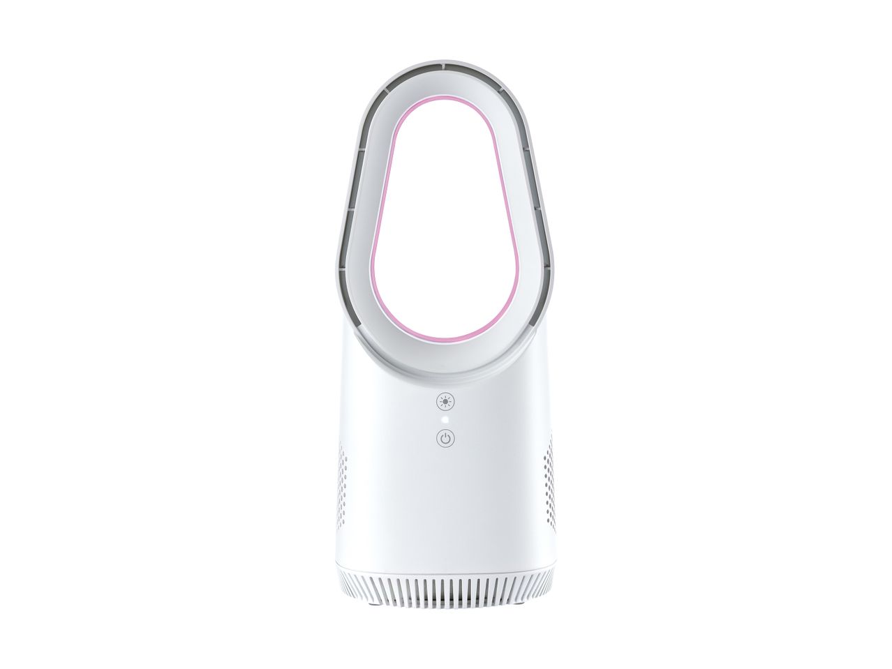 Hvid bladløs ventilator med lyserød indvendig kant og kontrolknapper.