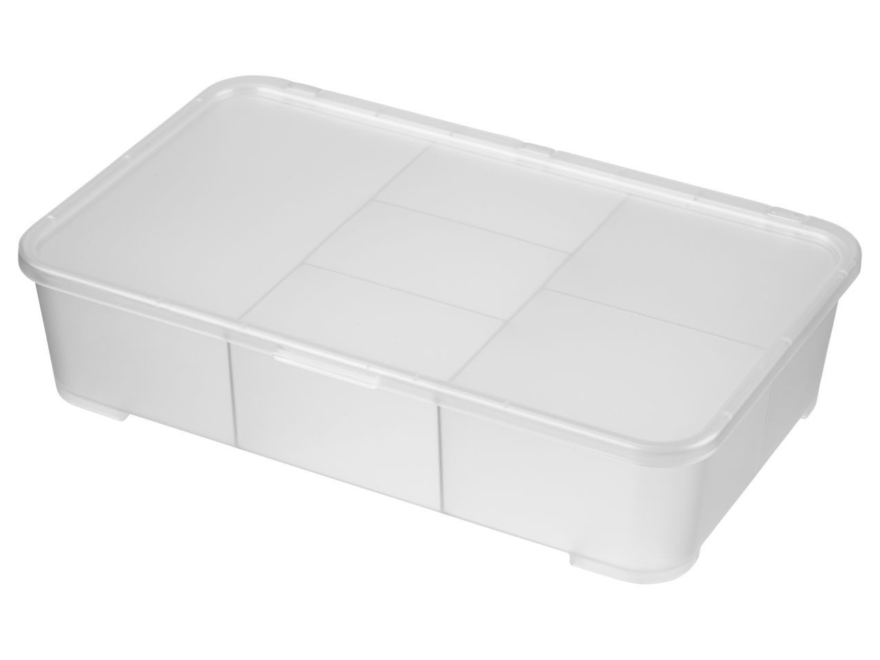 A clear plastic storage box with a divided interior.