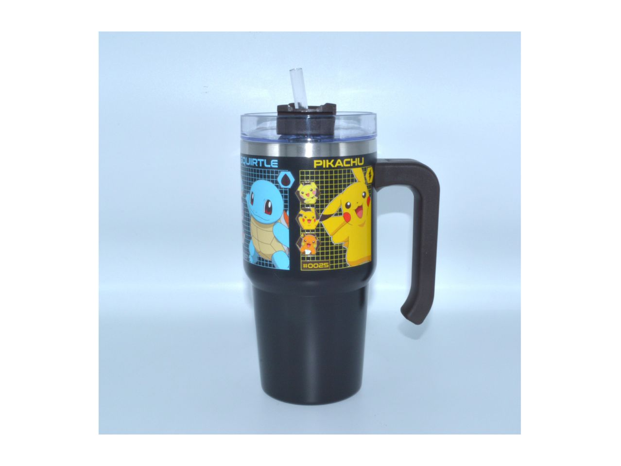 A black Pokemon-themed travel mug with a handle.