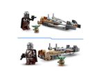 Two sets of Mandalorian and Grogu figures with a speeder bike, one with a blaster.