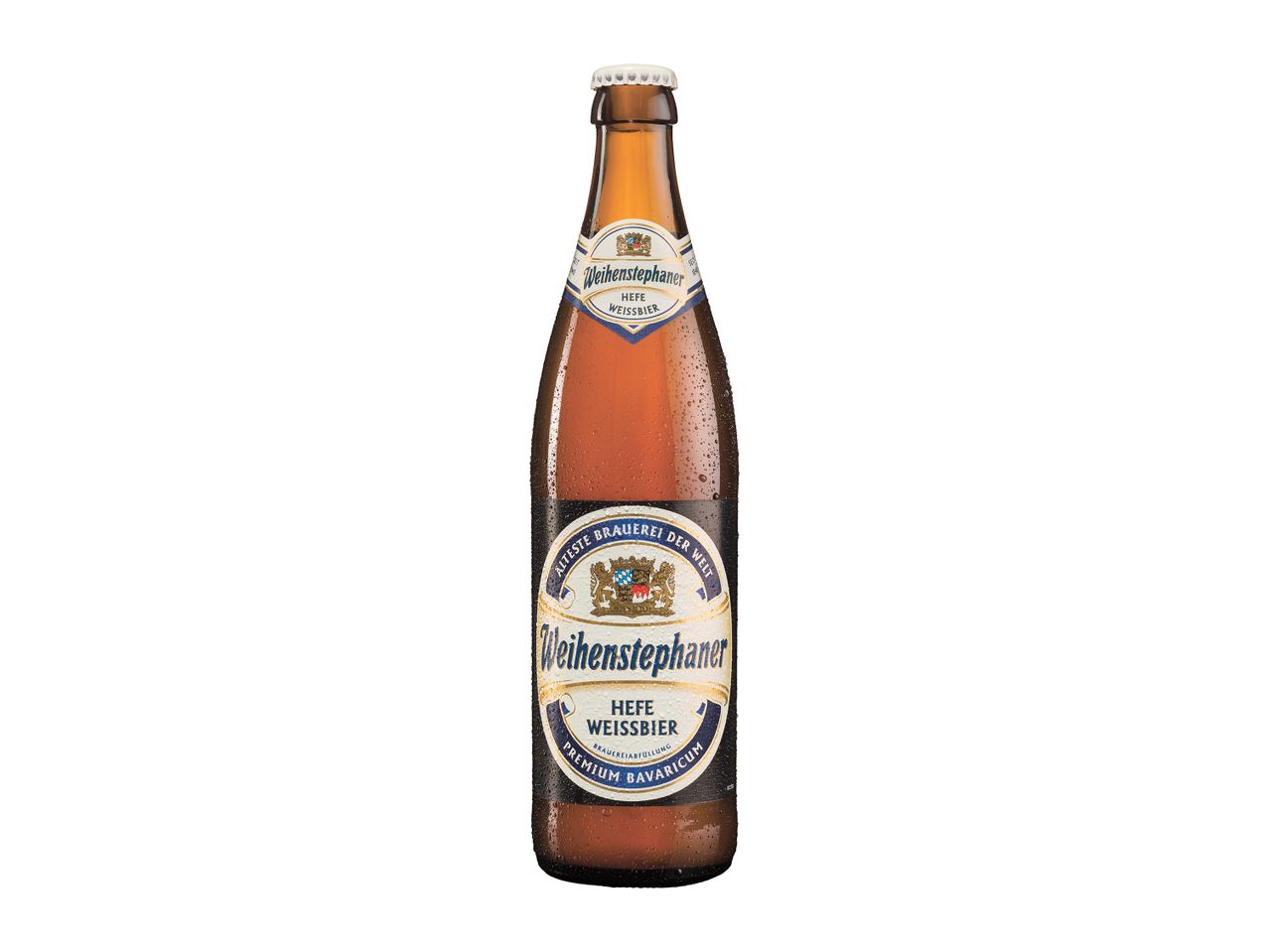 Sticla de bere Weihenstephaner Hefe Weissbier, o bere de grâu bavareză.