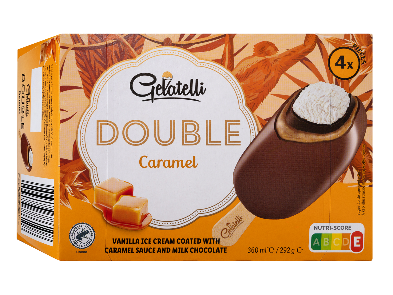 Gelatelli Double Caramel: 4 vaníliafagylalttár, tejcsokoládéval és karamellszósszal bevonva.