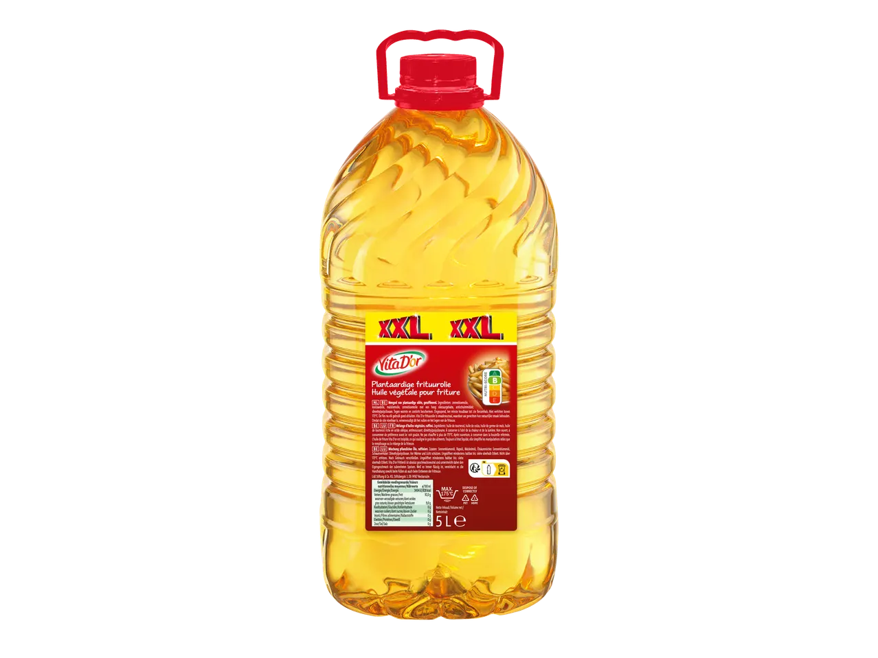 Vita D'or XXL plantaardige frituurolie in een 5L fles met rode dop en handvat.