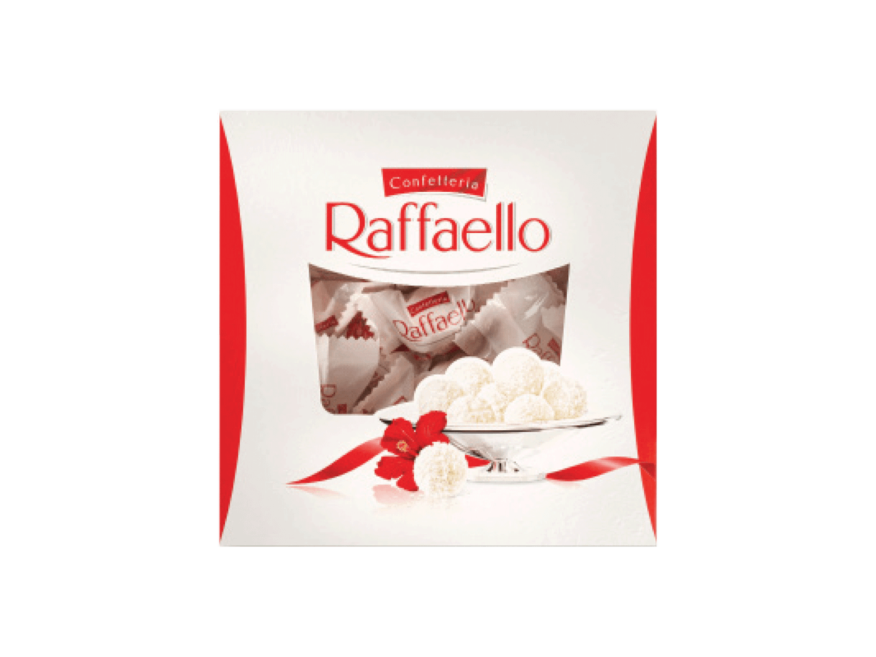 Raffaello saldainių pakuotė su matomais saldainiais ir raudonu kaspinu.