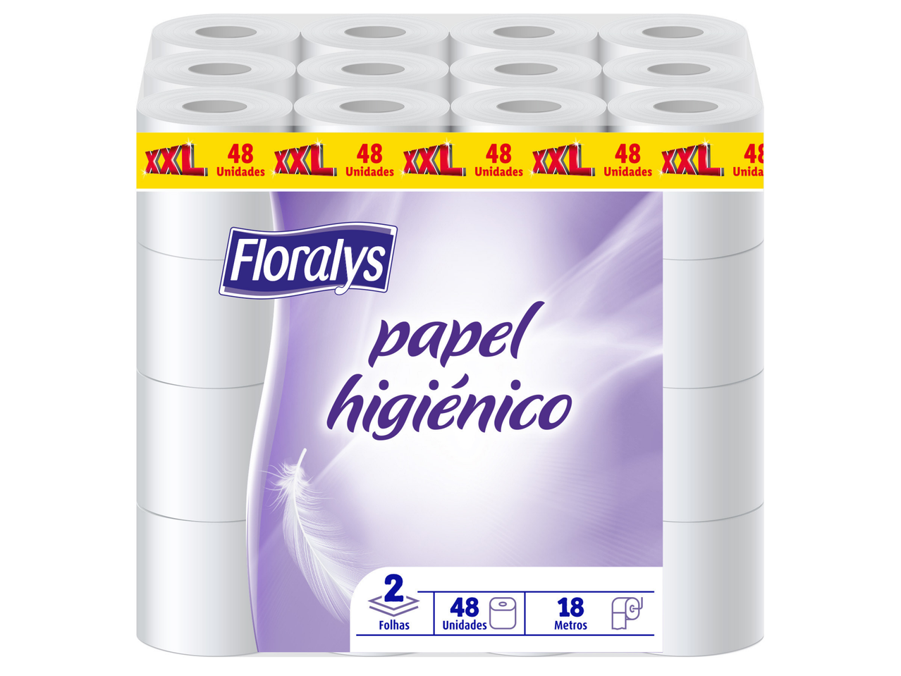 Embalagem de papel higiénico com 48 rolos, 2 folhas e 18 metros, com a indicação 'XXL'.