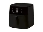 Black air fryer with digital display showing 180 degrees Celsius and fan icon.