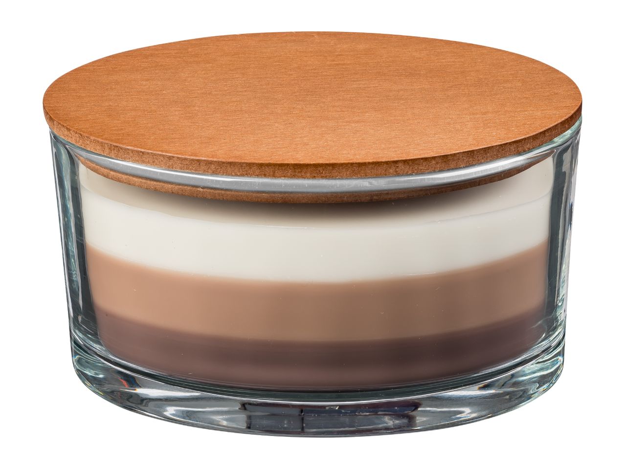 Layered candle in a glass jar with a wooden lid