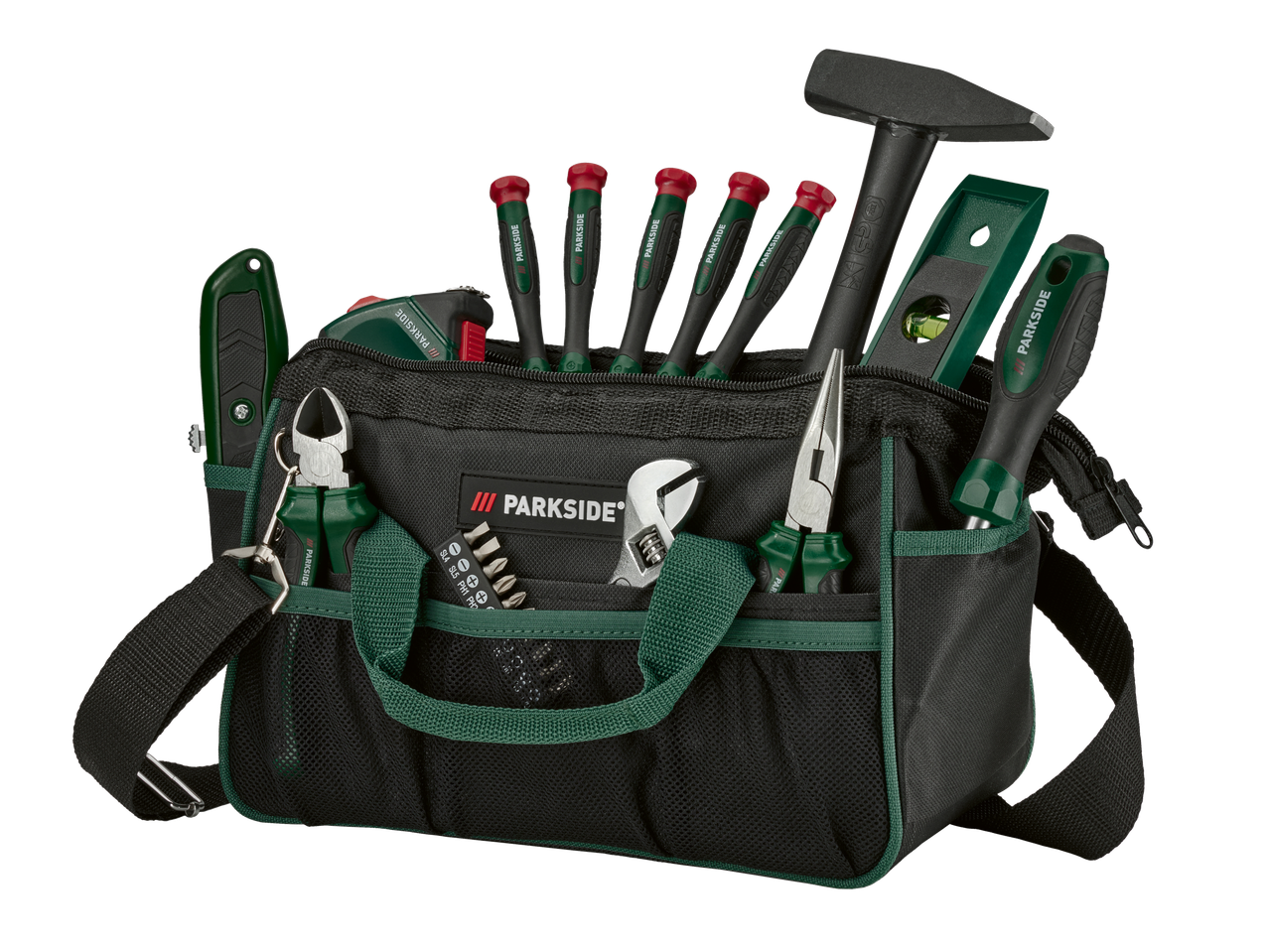 PARKSIDE įrankių krepšys su plaktuku, atsuktuvais, replėmis, gulsčiuku ir matavimo juosta.