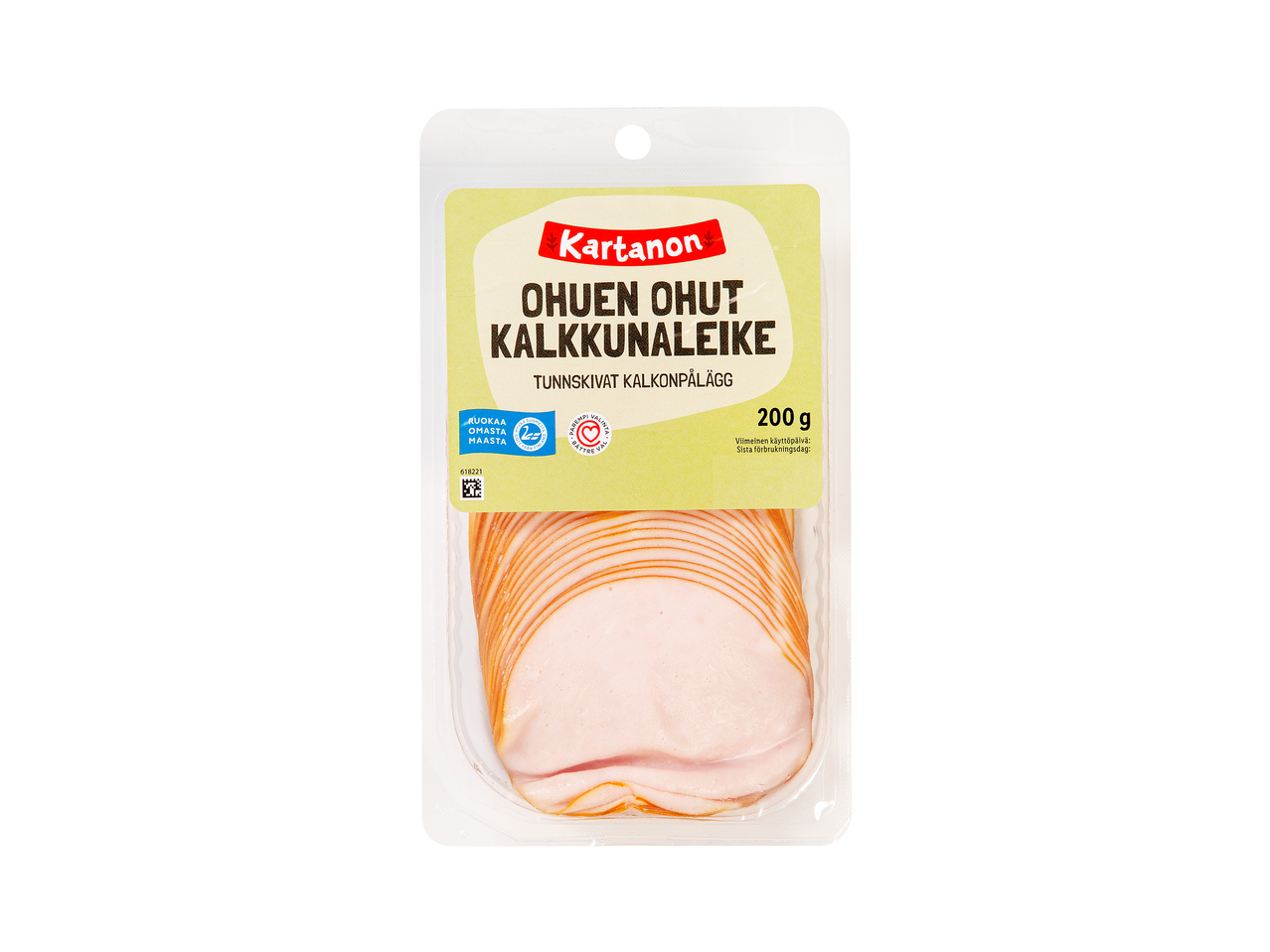 Pakkaus ohuen ohutta kalkkunaleikettä, 200 g.