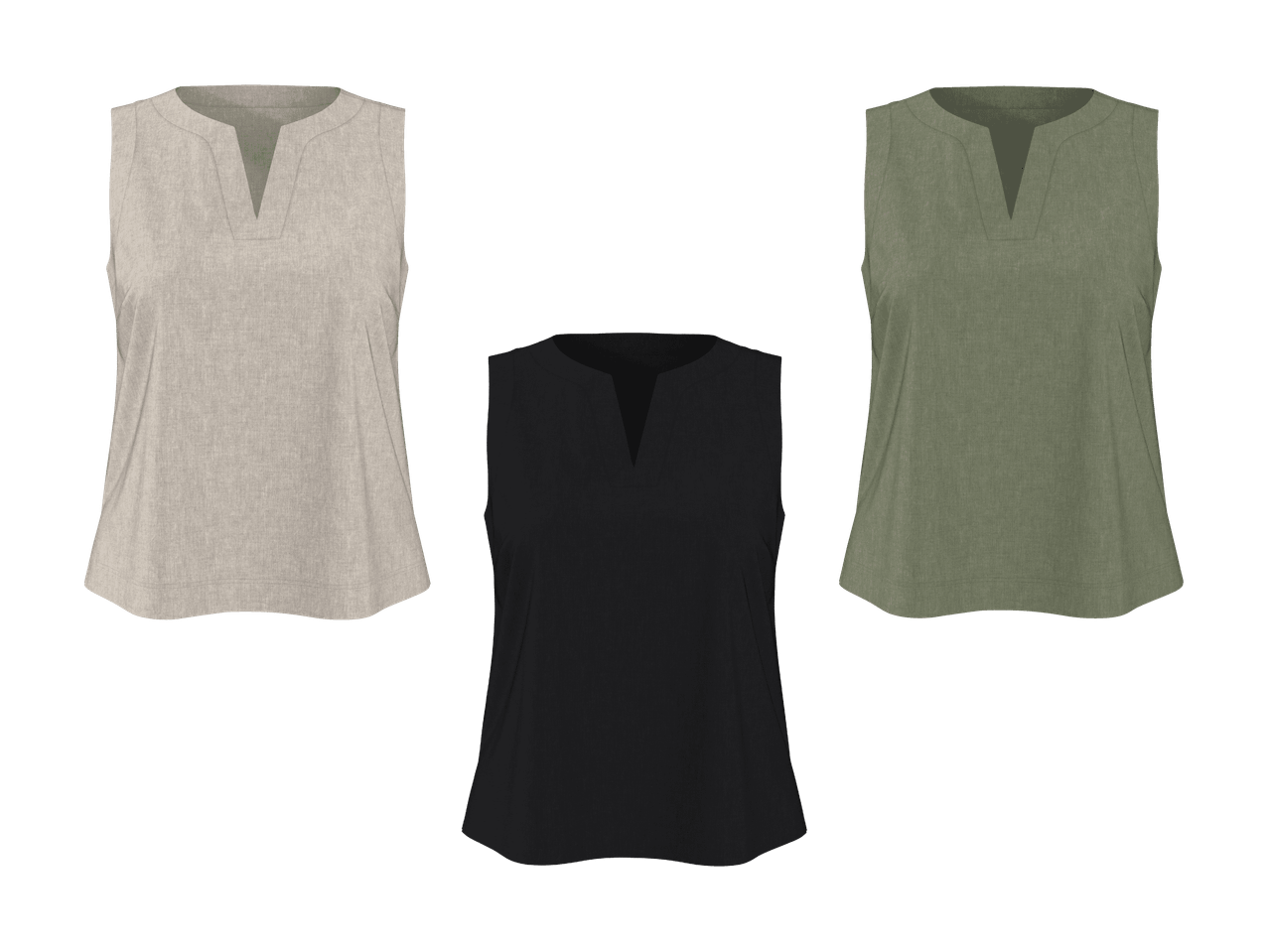 Drei ärmellose Leinen-Tops mit V-Ausschnitt in Beige, Schwarz und Olivgrün.