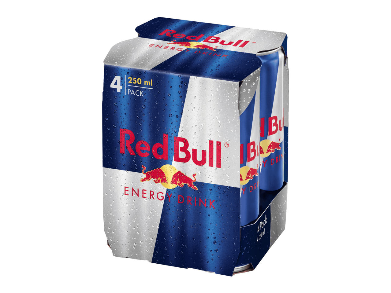 Neljän 250 ml Red Bull -energiajuomatölkin pakkaus.