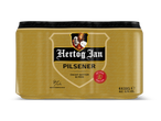 Gouden sixpack pilsener blikjes met een koning die een bierpul vasthoudt.