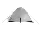 Light grey camping tent with black accents, set up against a white background.