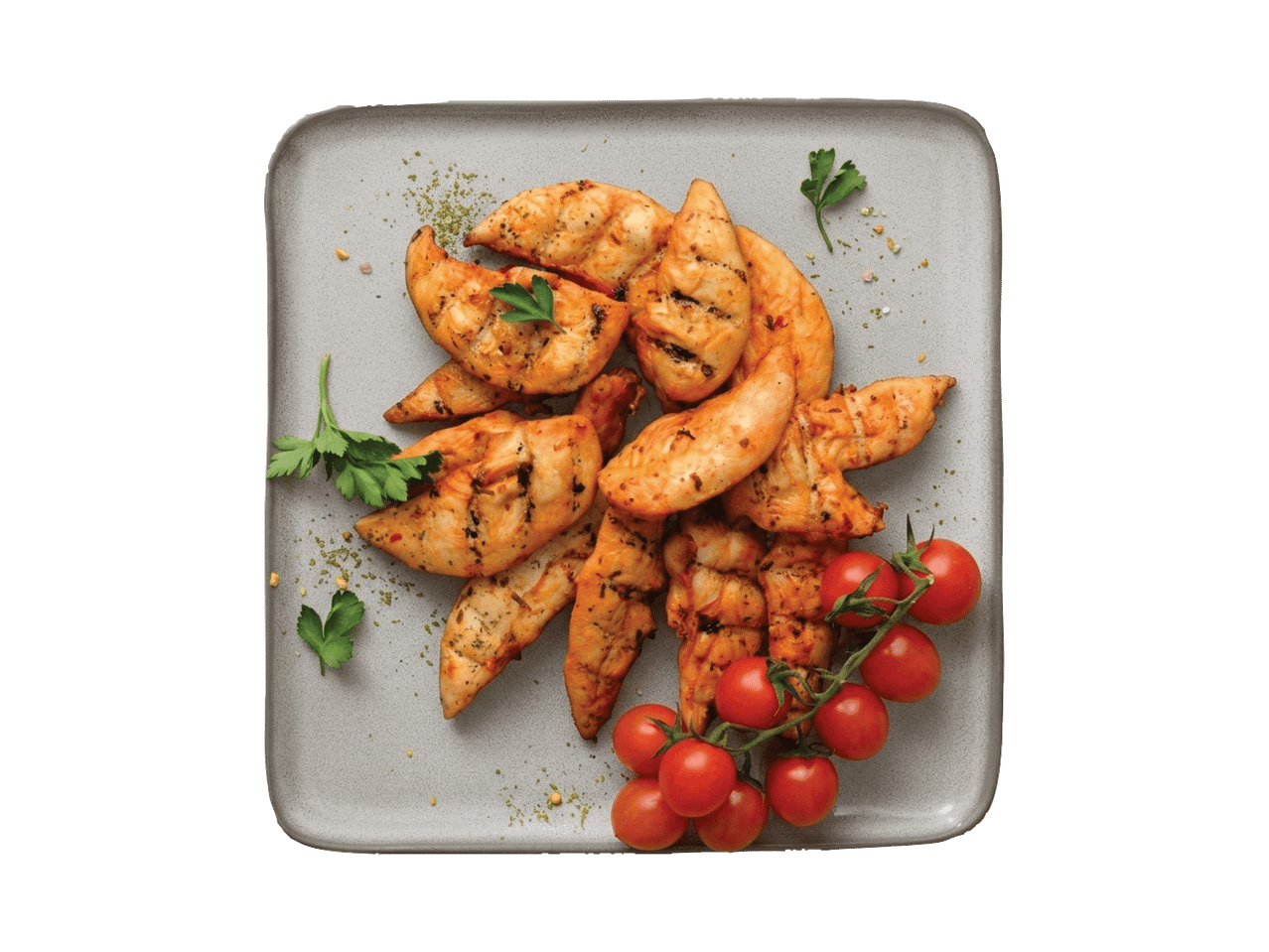 Grillitud kanafilee tomatite ja peterselliga hallil taldrikul