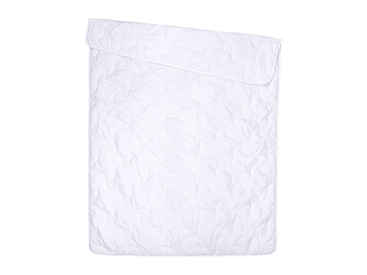 White quilted duvet or blanket, folded at the top, on a white background.