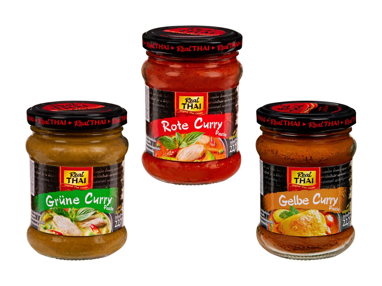 Drei Gläser Real Thai Currypaste: rot, grün und gelb.