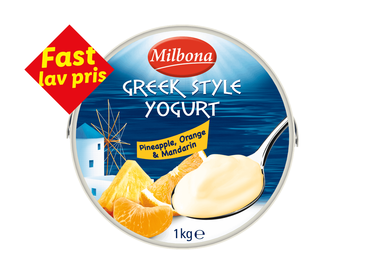 Græsk yoghurt med ananas, appelsin og mandarin i en 1 kg beholder med et 'Fast lav pris'-mærke.