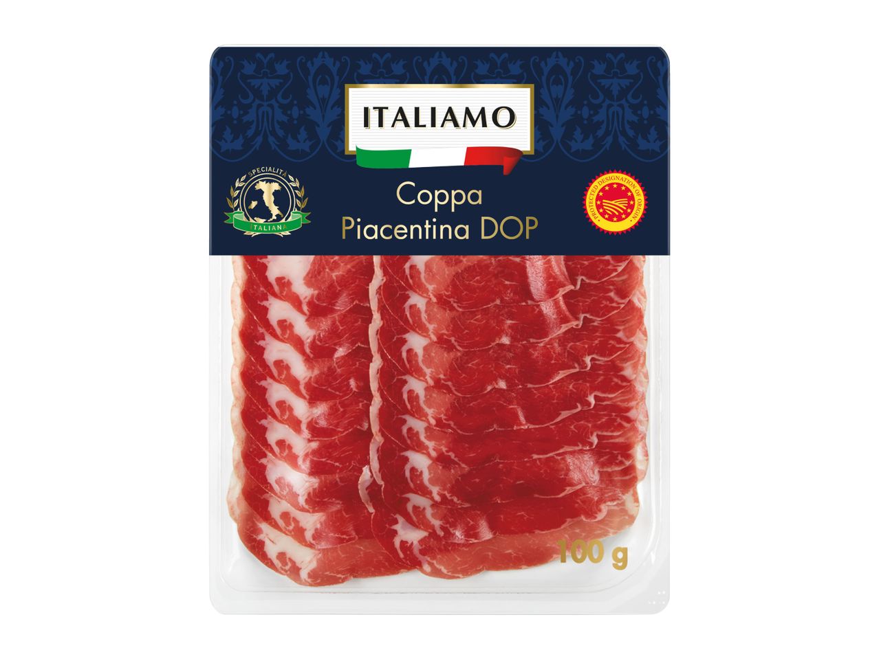 Sliced Coppa Piacentina DOP in a clear package with a dark blue label, 100g.