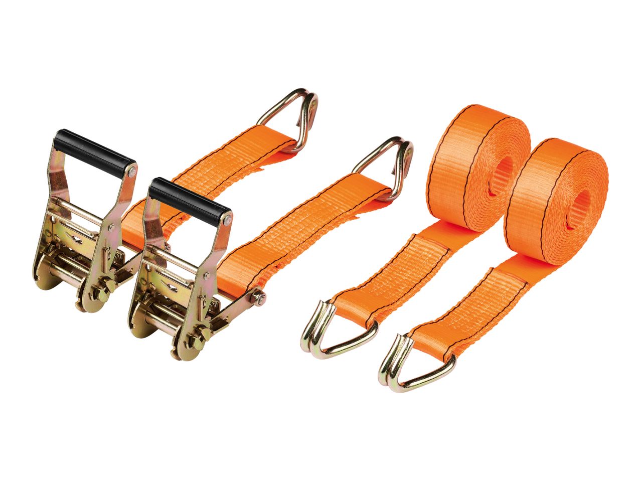 Two orange ratchet straps with metal hooks and two rolled-up orange straps.