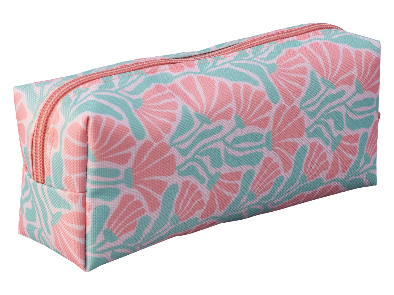Trousse à crayons rose et turquoise avec motif floral.