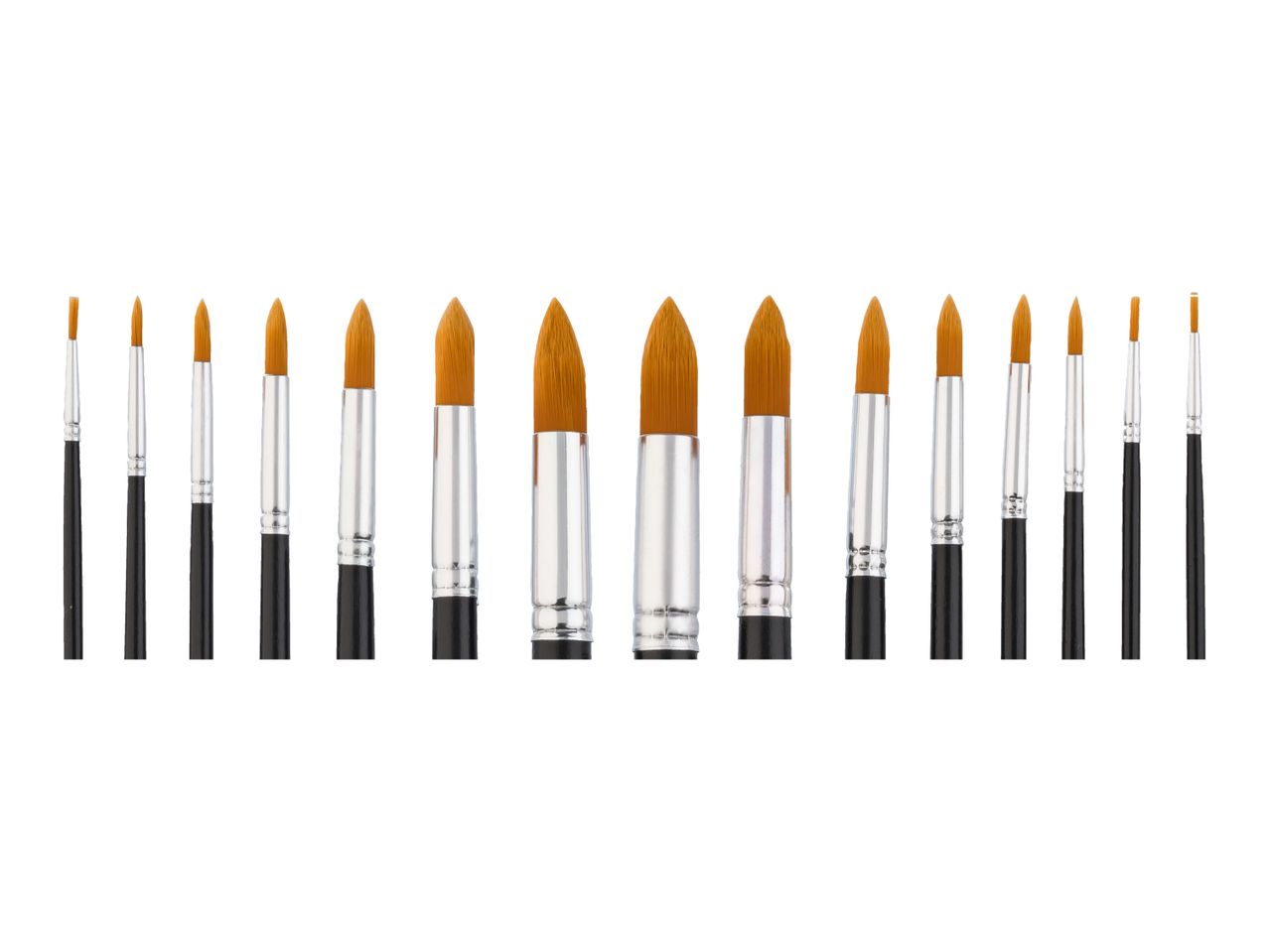 A set of various paintbrushes with black handles and orange bristles, arranged in a row.