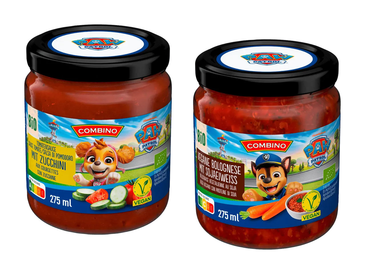 Deux bocaux de sauce tomate végétalienne pour enfants, l'un à la courgette et l'autre à la bolognaise de soja.