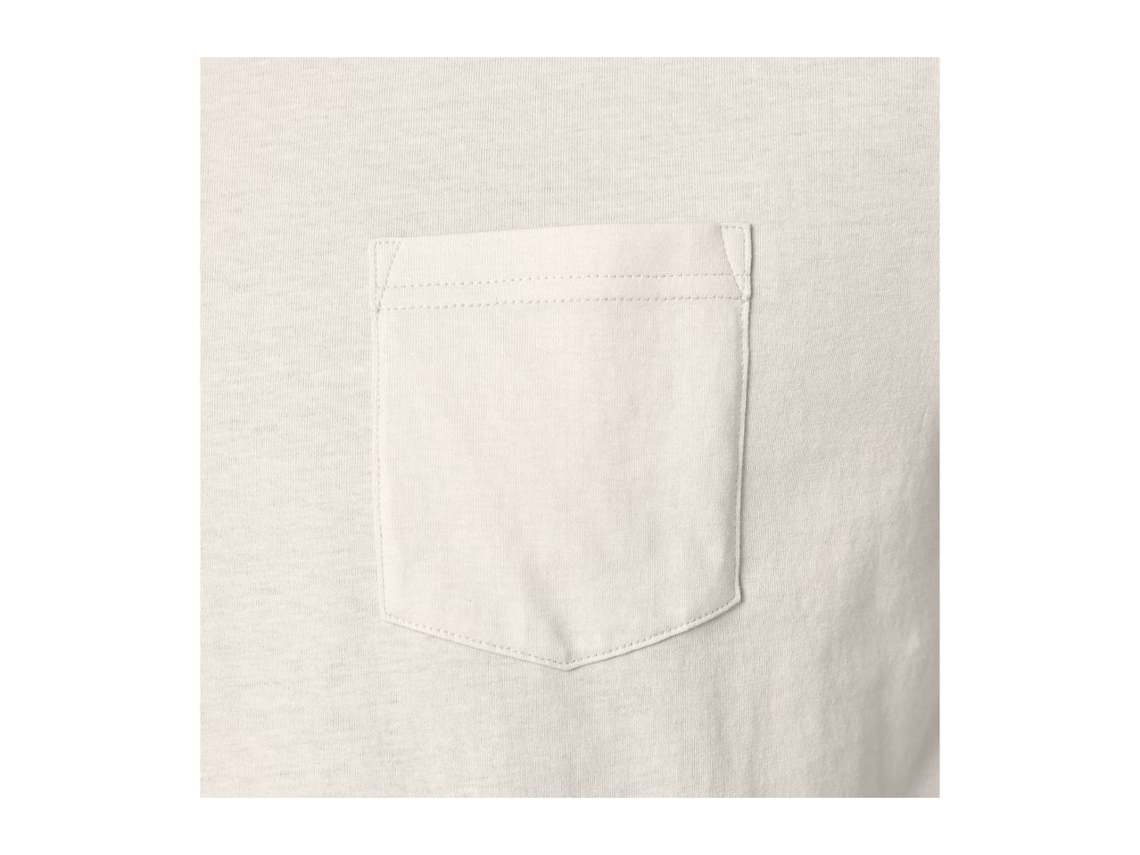 Close-up of a cream-colored t-shirt with a single chest pocket.