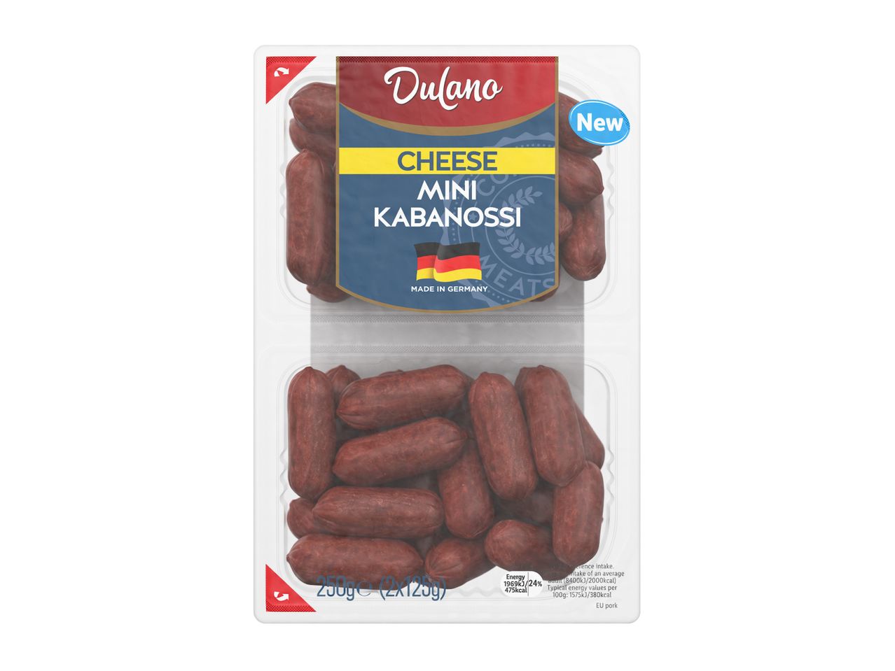 Packaging of cheese mini kabanossi, made in Germany, with nutritional information.