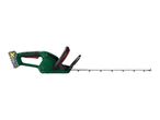 Cordless hedge trimmer with a long blade and a battery pack featuring a yellow 'X' symbol.
