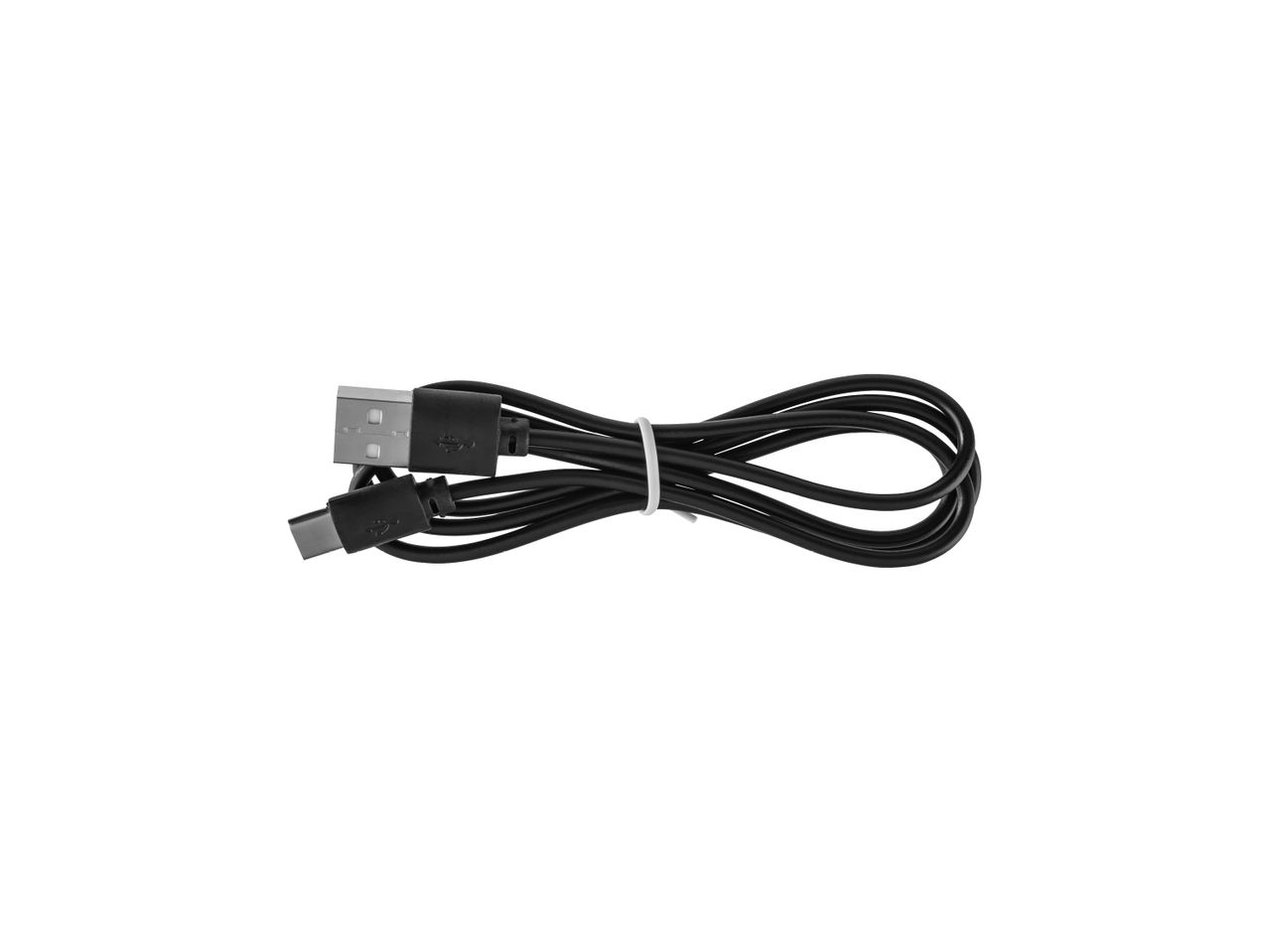 Черен USB-A към USB-C кабел, навит и завързан с бяла връзка