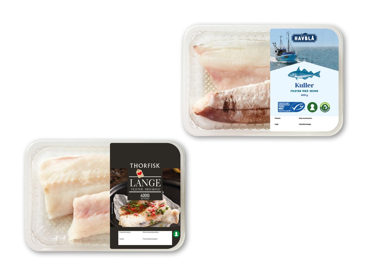 Havblå og Thorfisk frosne fiskefileter i plastbakker.