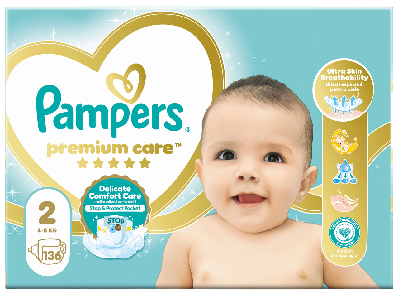 Опаковка пелени за бебета с размер 2 (4-8 кг) и 136 броя, с надпис Premium Care.