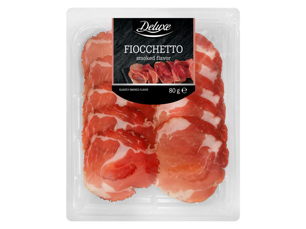 Deluxe Fiocchetto rūkyto skonio, 80g pakuotė pjaustytos vytintos mėsos