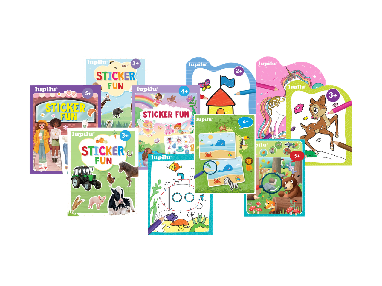 Razne dječje knjige sa naljepnicama i bojanke s temama životinja, vila i mode.