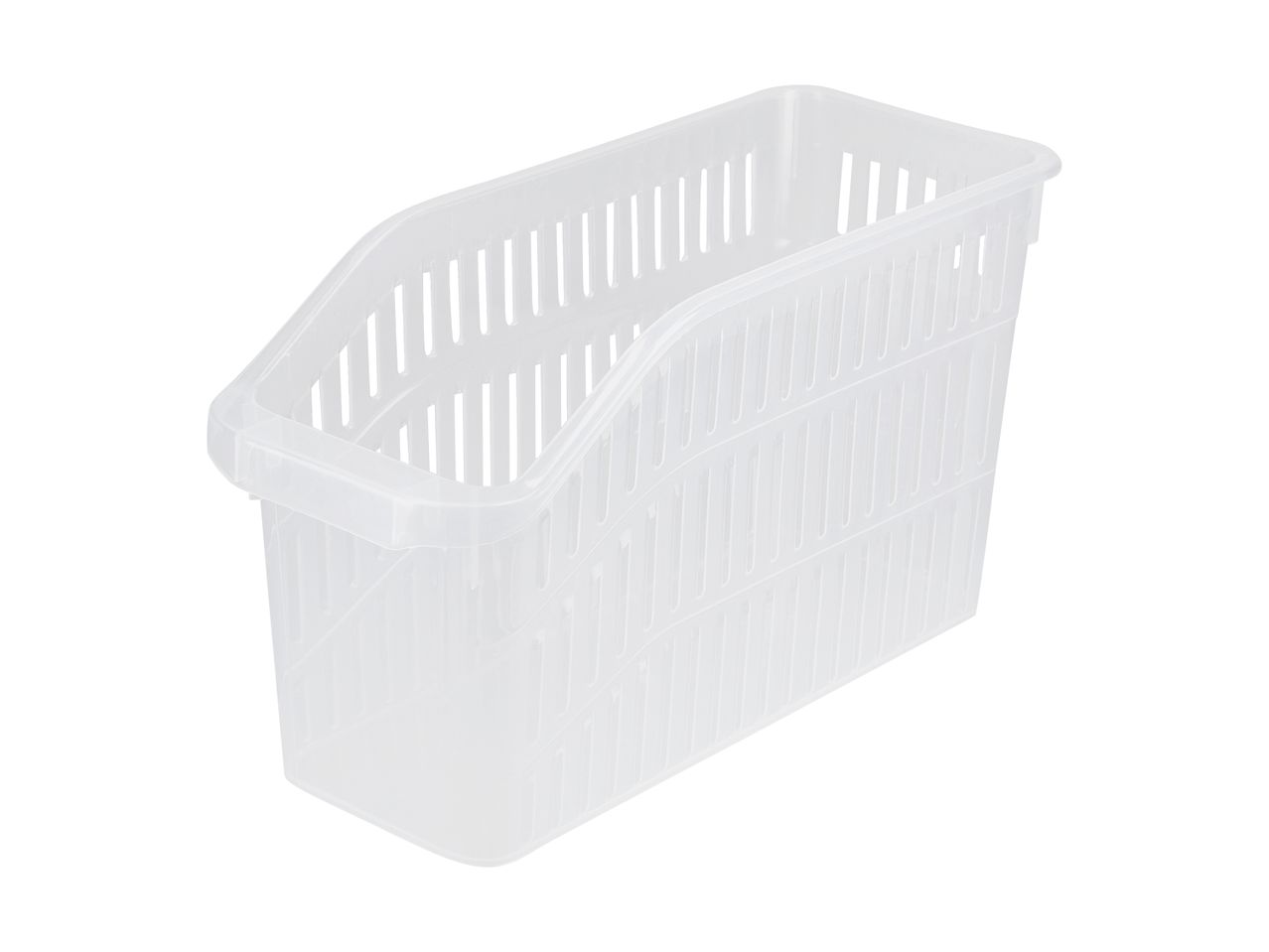 Gennemsigtig, rektangulær opbevaringskurv med lodrette slidser, der skråner opad i den ene ende.