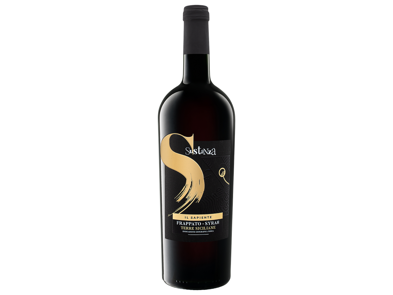 Sustanza Il Sapiente Frappato - Syrah vörösbor fekete háttér előtt.
