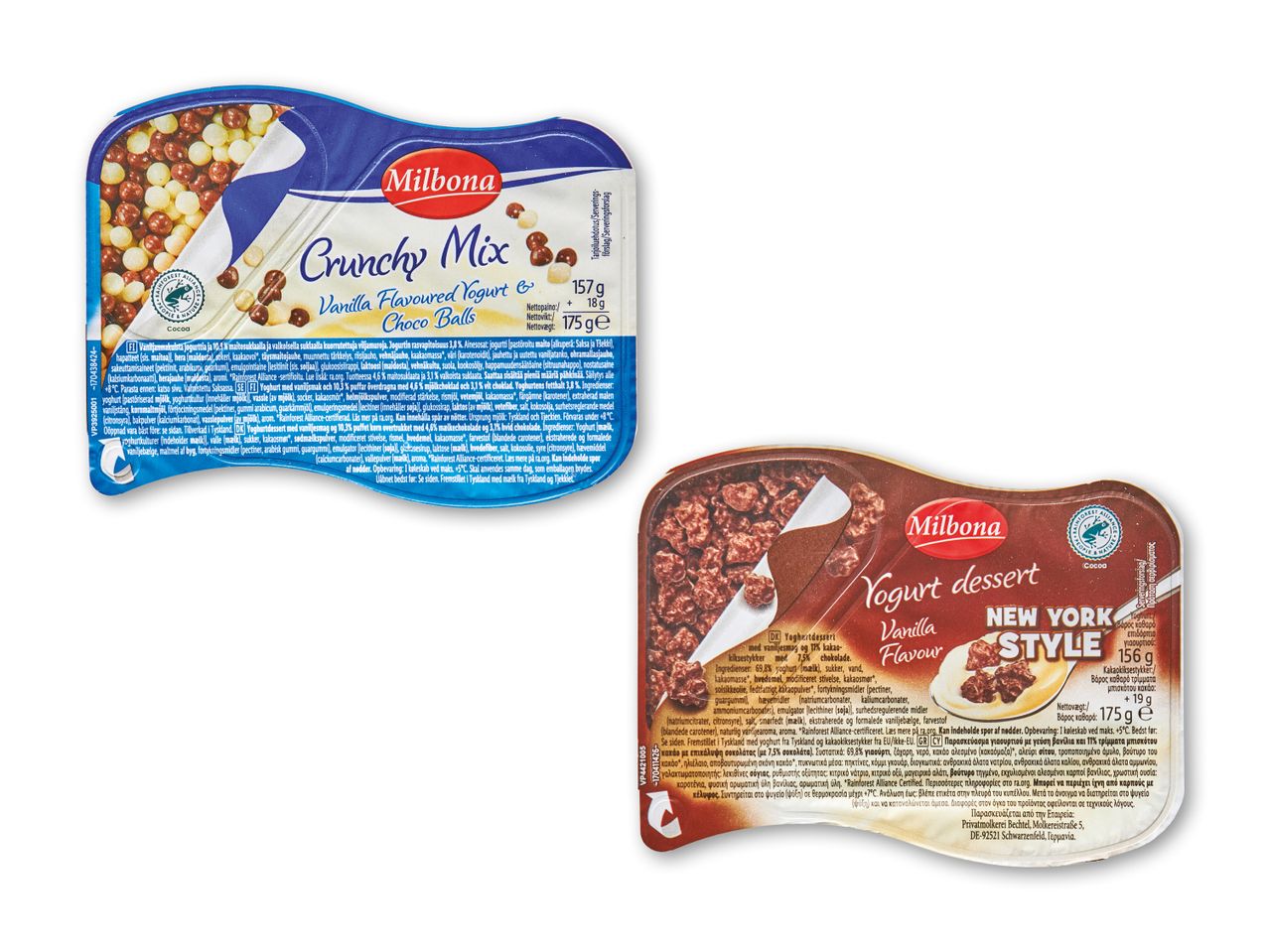 Milbona yoghurt desserter: crunchy mix og New York style.
