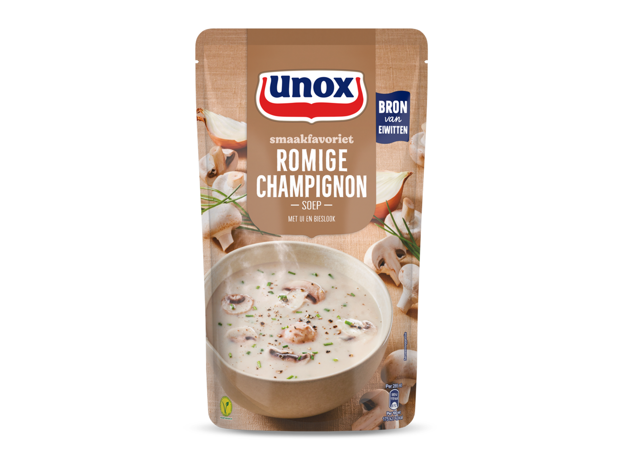 Verpakking voor romige champignonsoep met ui en bieslook, een bron van eiwitten.