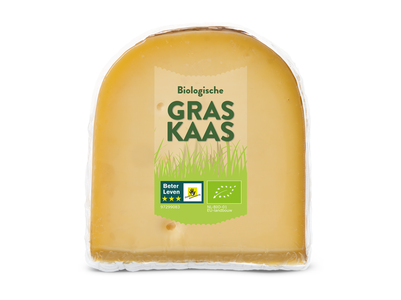 Biologische graskaas in vacuümverpakking met keurmerken voor dierenwelzijn en biologische landbouw.