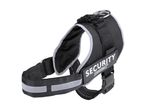 Black dog harness with reflective strips and a 'SECURITY' patch