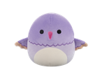 A soft purple bird plush toy with a pink beak and black eyes.