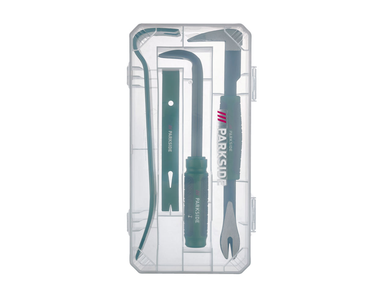 PARKSIDE® pry bar and crowbar set in a clear plastic case.