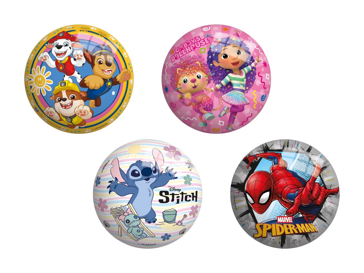 Fire farverige badebolde med motiver af tegneseriefigurer, herunder hunde, en pige og en edderkoppemand.