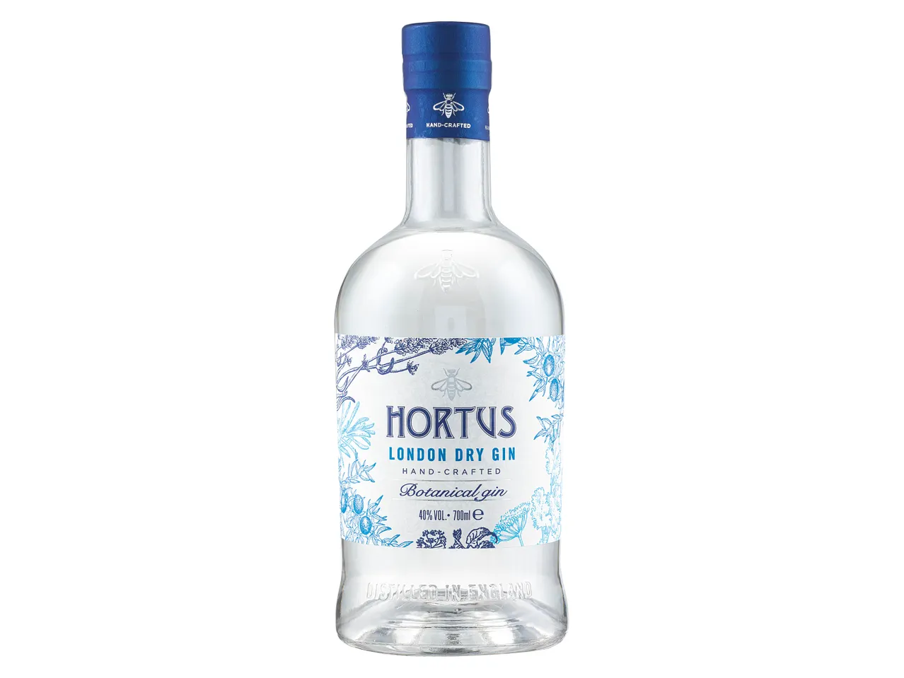 Hortus London Dry Gin bottle with botanical illustrations and a bee logo.