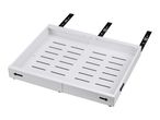White pull-out cabinet organizer with adjustable width and black drawer slides.