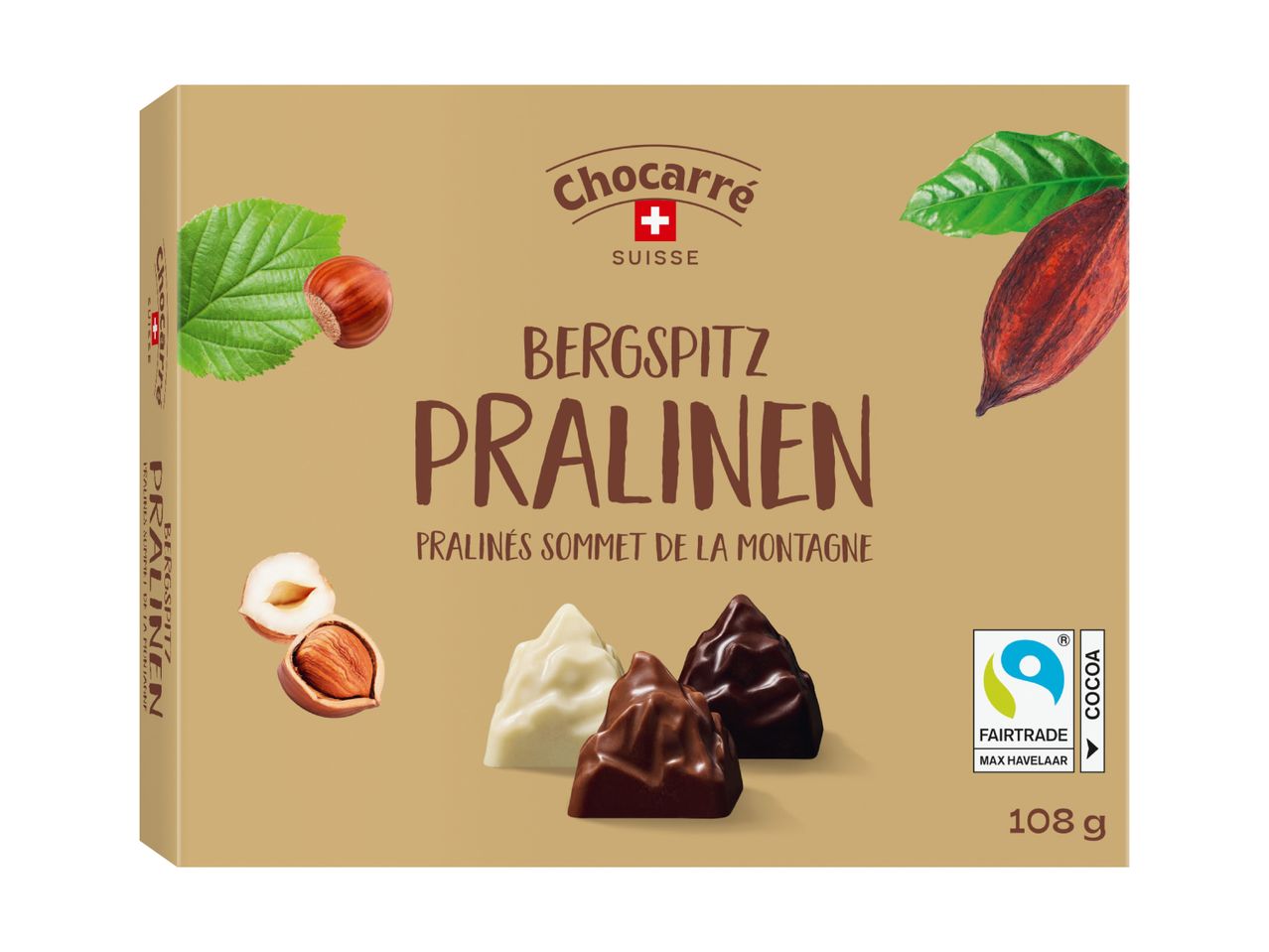 Cailler Berg Spitz Pralinen:  verschiedene Sorten in einer Schachtel.